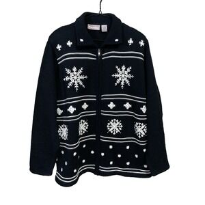 Tanjay Black & White Snowflake Zip Front Holiday Cardigan Sweater ‎ Women's  L